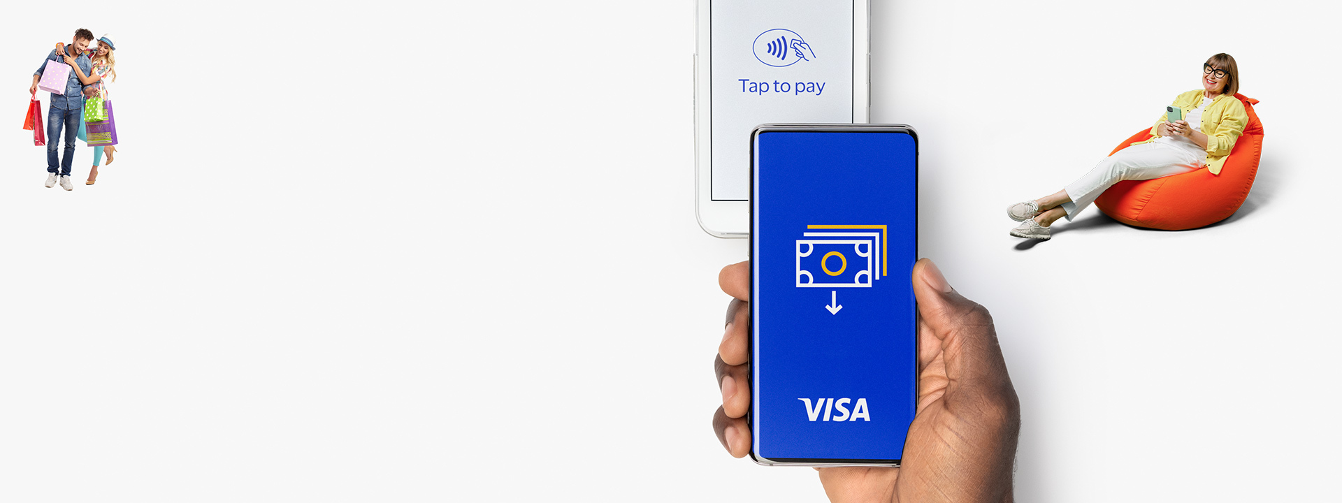 image of visa contactless payment and couple shopping