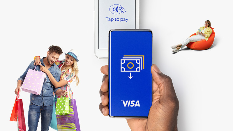 image of visa contactless payment and couple shopping