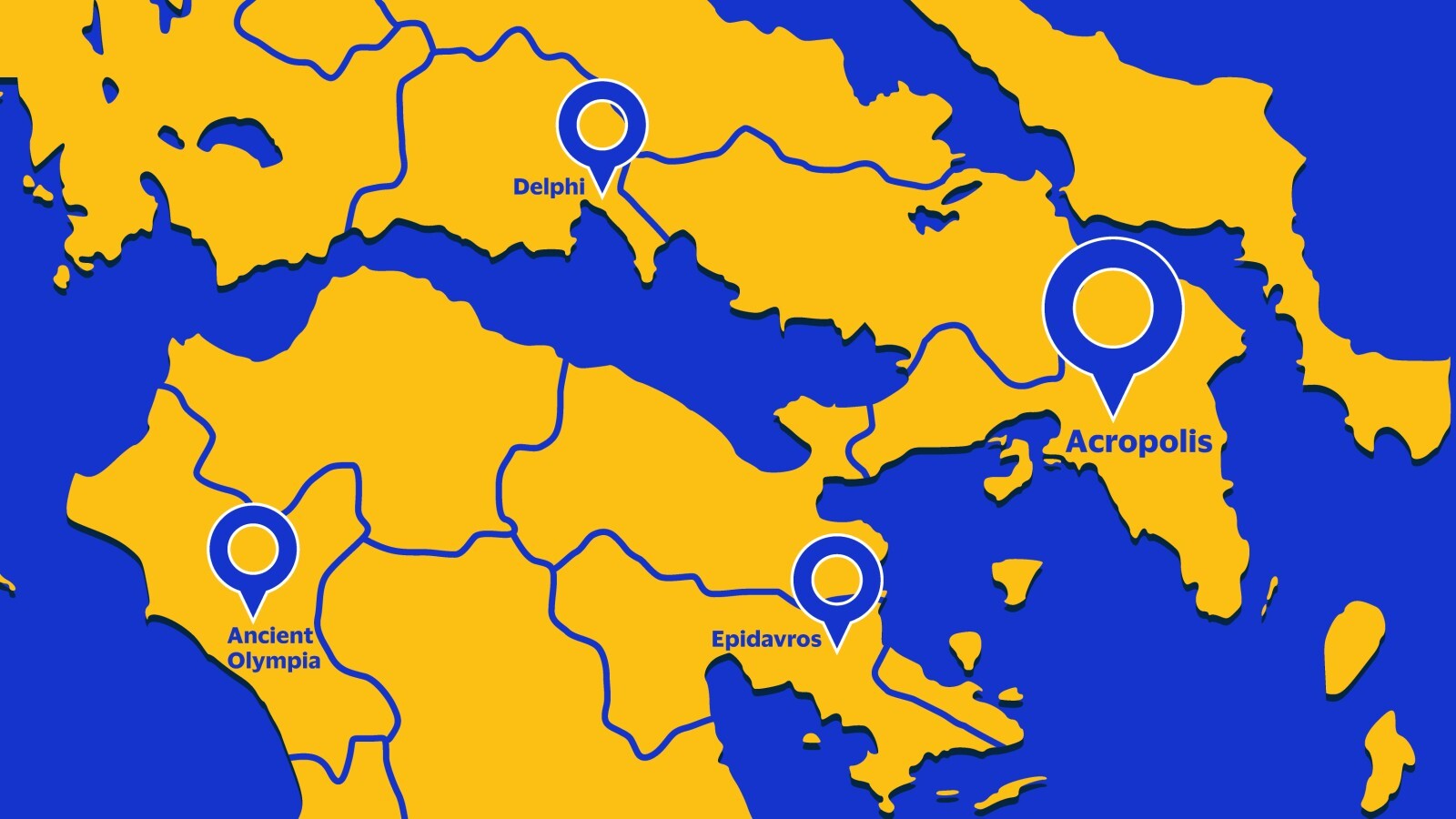 map showing four locations, delphi, acropolis, ancient olympia and epidavros